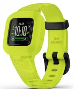 Vihreä Garmin Vivofit Jr. 3 -älykello, neliönmuotoinen näyttö ja säädettävä ranneke.