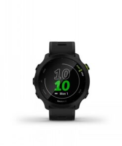 Musta Garmin Forerunner 55 -älykello pyöreällä näytöllä, vihreitä ja valkoisia numeroita näytössä.