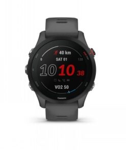 Harmaa Garmin Forerunner 255 älykello, pyöreä näyttö ja juoksutoiminnot näkyvissä.