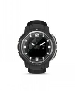 Pyöreä, musta älykello Garmin Instinct Crossover, musta-hopea kehys ja digitaalinen näyttö.