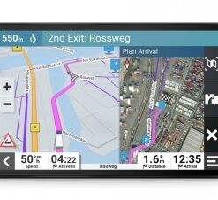 Suorakulmainen Garmin Dezl LGV1010 -kuorma-autonavigaattori, näytöllä reittiopastus ja karttanäkymä.