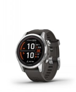 Garmin Fenix 7S Pro Solar -älykello, tummanharmaa ranneke, pyöreä näyttö ja hopeinen reuna.