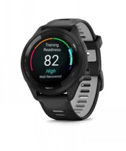 Musta Garmin Forerunner 265 -älykello, ohut silikonihihna ja värinäyttö näkymässä.