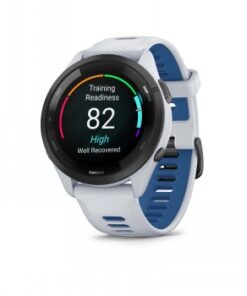Vaaleanharmaa ja sininen Garmin Forerunner 265 -älykello pyöreällä mustalla näytöllä, näkymä etuviistosta.
