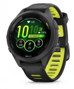 Musta Garmin Forerunner 265S -älykello, kirkkaankeltainen silikonihihna, pyöreä näyttö, vihreä käyttöliittymä.