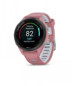 Garmin Forerunner 265S -älykello, musta kehys, vaaleanpunainen kellonrunko ja silikonihihna, taustalla valkoinen.