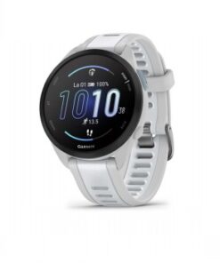 Utuharmaa ja vaaleanharmaa Garmin Forerunner 165 Music -älykello, pyöreä muotoilu, esillä kiiltävä näyttö.