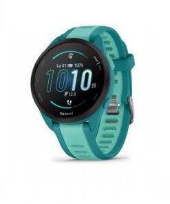 Älykello, turkoosi ja vedenvihreä Garmin Forerunner 165 Music, pyöreä näyttö, silikoniranneke.