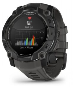 Garmin Instinct 3 -älykello, musta kehys, harmaa ranneke, AMOLED-näyttö syketiedoilla.