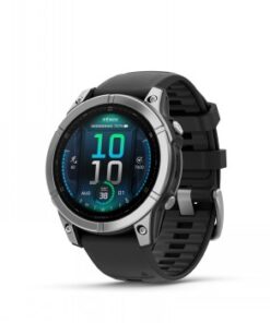 Pyöreä Garmin Fenix E -älykello, teräksinen kehys ja musta silikoniranneke, AMOLED-näyttö, ajan ja aktiivisuuden seuranta.
