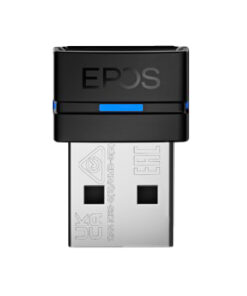 Mustan värinen EPOS-brändätty USB-A Bluetooth-dongle, pieni ja kompakti, edestä kuvattuna.