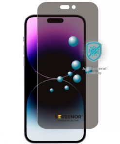 Näytön ympärille asennettava Screenor iPhone 14 Pro panssarilasi, tumma anti-spy-suoja ja antibakteerinen pinnoite.