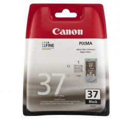 Canon-merkkinen mustekasetti, malliltaan kompakti ja musta, valkoisessa ja punaisessa pakkauksessa edestä kuvattuna.