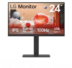 LG 24-tuumainen tietokonemonitori mustalla reunuksella, IPS-paneeli, USB-C-portti ja sisäänrakennetut kaiuttimet.