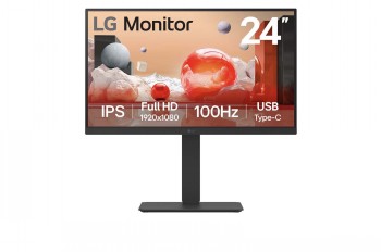 LG 24-tuumainen tietokonemonitori mustalla reunuksella, IPS-paneeli, USB-C-portti ja sisäänrakennetut kaiuttimet.