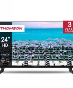 Thomson 24 tuuman musta HD-televisio mustilla jaloilla ja rannikkoteemaisella taustakuvalla.