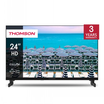 Thomson 24 tuuman musta HD-televisio mustilla jaloilla ja rannikkoteemaisella taustakuvalla.