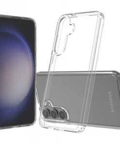 Läpinäkyvä Screenor-bumper-suojakuori Galaxy S24+:lle, ohut ja kevyt muotoilu, nähtynä eri kulmista.