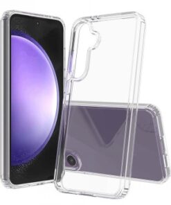 Läpinäkyvä Screenor-kuori Samsung Galaxy S24 FE -puhelimelle. Näkymässä edestä ja takaa.