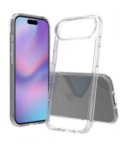 Läpinäkyvä iPhone Air -puhelimen bumper-suojakuori, esillä edestä ja takaa, korostaen muotoilua ja sopivuutta.
