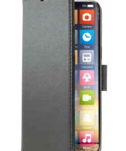 Mustanvärinen Screenor Smart -suojakotelo iPhone 16 -puhelimelle pystyasennossa, näkyvissä avattu etukansi ja näytön kuvak...