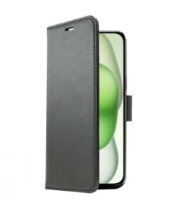 Musta flip cover -tyylinen suojakotelo iPhonelle avoinna, näkyvillä puhelimen näyttö.
