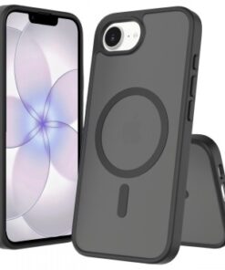 Musta MagSafe-yhteensopiva suojakuori iPhone 16E / 17E -mallille, läpikuultava tausta.