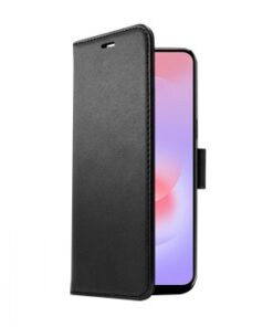 Samsung A27 -puhelimen musta suojakotelo pystyasennossa, avoinna etuviistosta.