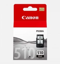 Canon PG-510 mustekasetti, musta, pakkauksessa punainen yläosa ja harmaa alaosa, katettu kulma.
