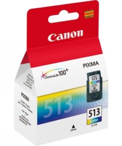 Canon PIXMA CL-513 väripatruuna pakkauksessa, kirkas logo ja värikäs tausta.