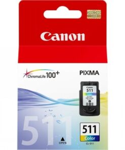 Canonin värillinen mustesuihkutulostimen kasetti CL-511, pakkaus punaisella yläosalla ja tuotetiedoilla.