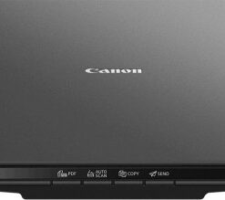 Musta, litteä Canon-skanneri, jossa on painikkeet edessä ja Canon-logo päällä.