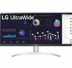LG 29WQ600 29-tuumainen ultra-wide IPS-näyttö, tumma tausta, kirkas kuva ja kaareva hopeinen jalusta.