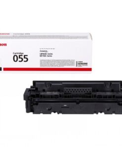 Canon 055 keltainen värikasetti, edessä musta kasetti ja taustalla valkoinen pakkaus.