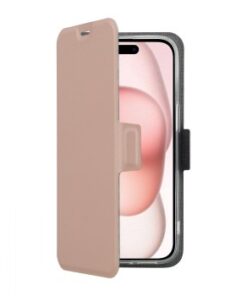 Vaaleanpunainen ruusunsävyinen lompakkomallinen suojakuori avoimena iPhone 15 -puhelimelle.