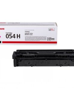 Canon 054 H magenta värikasetti, suorakaiteen muotoinen pakkaus ja musta kasetti etualalla.