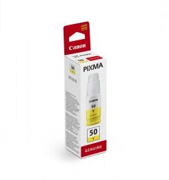 Canonin keltainen GI-50-mustepullo, korkeareunaisessa pakkauksessa, jossa on tuotenimi, logo ja perustiedot.