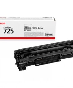 Canon CRG-725 väriainekasetti, musta, mustekasetti ja pakkaus valkoisella taustalla.