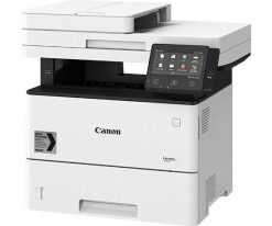 Valkoinen Canon I-Sensys MF543X monitoimitulostin, jossa kosketusnäyttö edessä.