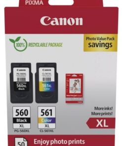 Canonin musta ja värillinen XL-mustekasetti, paketti sisältää myös valokuvapaperia, esillä punavalkoisessa pakkauksessa.