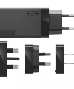 Musta Lenovo 65W USB-C matkavirtalähde ja neljä vaihdettavaa pistoketta lähikuvassa.