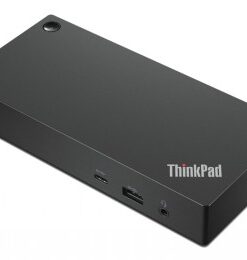 Musta suorakulmainen Lenovo USB-C-telakka, useita portteja ja ThinkPad-logo edessä.