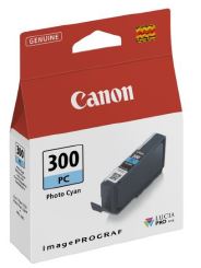 Canon PFI-300 Photo Cyan -mustepatruuna, punavalkoinen pakkaus ja sininen etiketti.