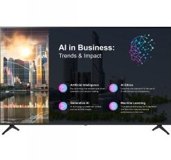 LG 43-tuumainen UHD-infonäyttö, jossa on musta runko ja jalusta. Näytöllä tekoälyaiheinen esitys kaupunkimaisemataustalla.