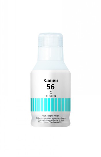Canonin sininen GI-56 mustepullo, valkoinen etiketti ja syano värikoodi.