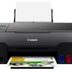 Mustan Canon PIXMA G3520 -monitoimitulostimen etunäkymä, paperilokero auki ja väritila osoittaa mustepatruunoiden tasoa.