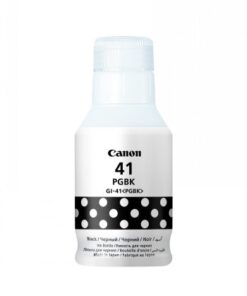 Valkoinen Canon-täyttömustepullo, GI-41 PGBK, pyöreä etiketti mustilla ja valkoisilla kuvioilla.