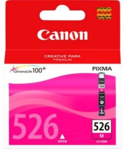 Canon CLI-526 magenta-mustepatruuna pakkauksessaan, punainen ja pinkki värimaailma.