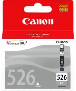 Canon CLI-526 harmaa mustekasetti pakkauksessa, jossa punainen yläosa ja Pixma-logo.