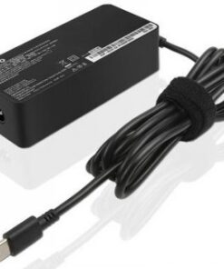 Lenovo 65W USB-C virtalähde, musta suorakulmio, pitkä johto ja USB-C-liitin.